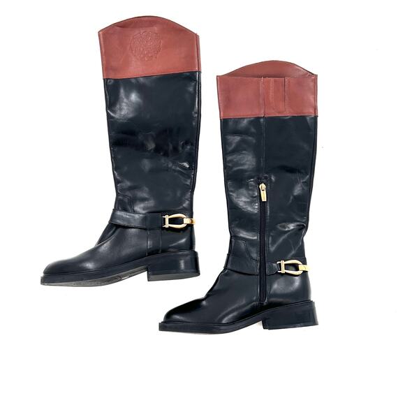 Vince Camuto Amanyir Riding Boots 5 NWOT Black Tan Tall Knee High Leather Prep - Picture 7 of 9